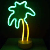 LED Neon Light shaped like a palm tree with green leaf outline and yellow trunk on a round clear base