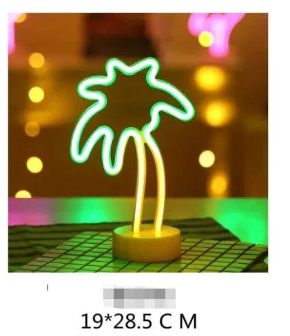 LED Neon Light shaped like a palm tree with green and yellow glowing LED lights on a round base