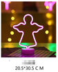 LED Neon Light shaped like an angel in glowing pink mounted on a white circular base with a grid pattern underneath
