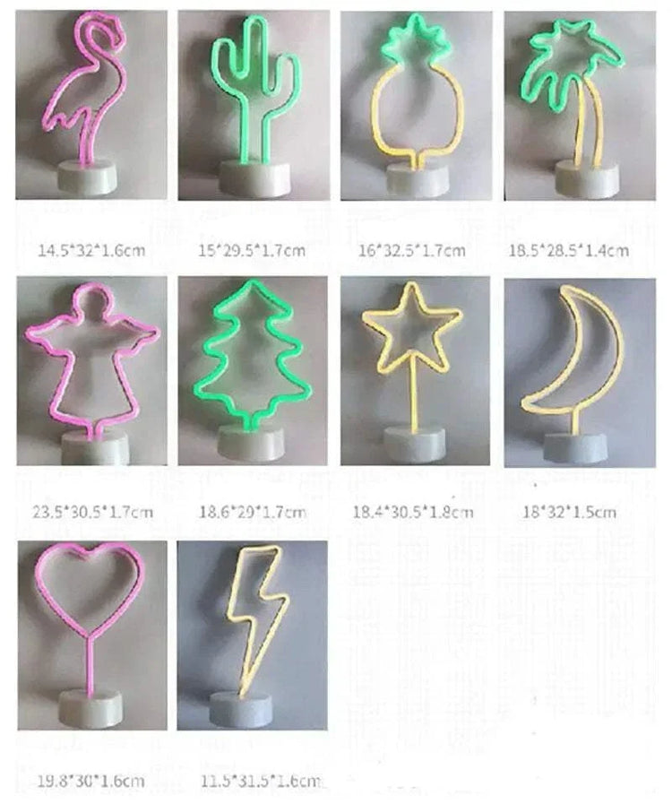 LED Neon Light collection featuring vibrant pink, green, and yellow PVC designs including flamingo, cactus, pineapple, palm tree, angel, Christmas tree, star, moon, heart, and lightning shapes on clear bases