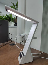 LED Study Lamp in white ABS, with adjustable LED bar, digital clock display and built-in charging base