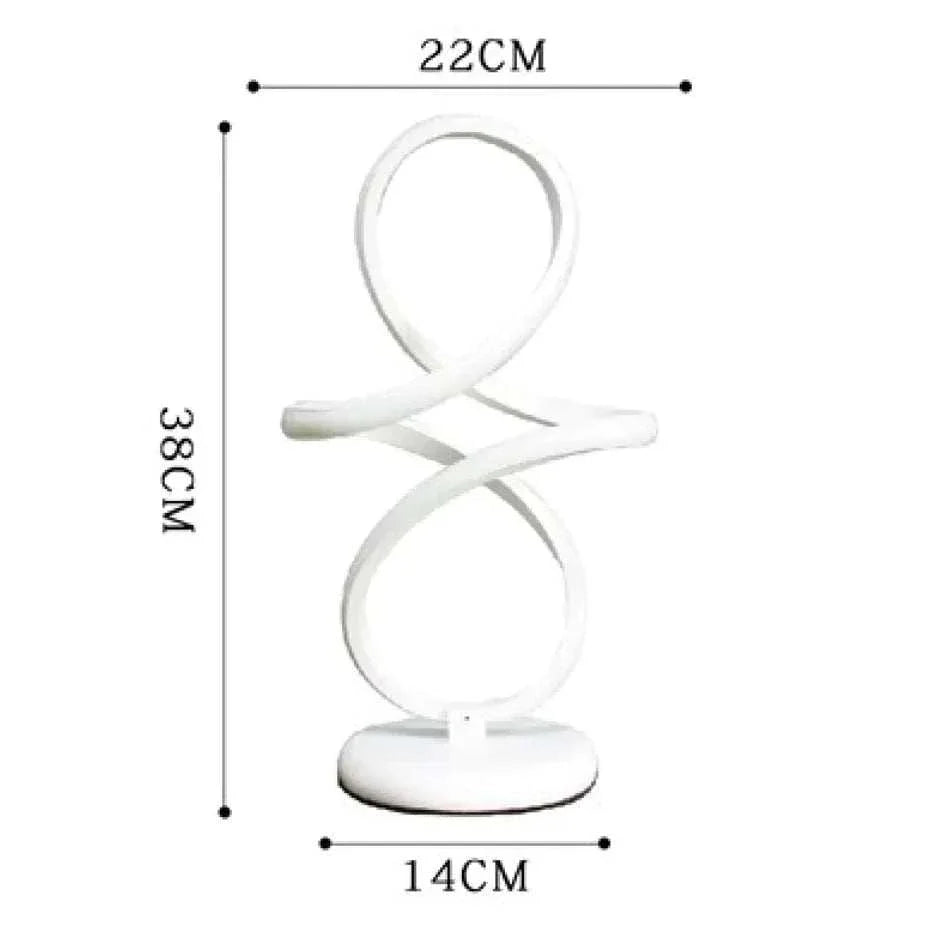 LED Table Lamp in white with modern spiral design, measuring 38cm height and 22cm width, with circular base