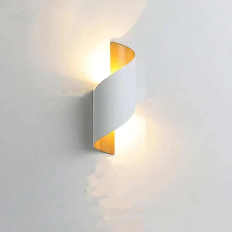 LED Waterproof Outdoor Wall Lamp with white curved metal exterior and warm yellow light glowing from top and bottom