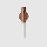 LuminaFlex Wireless Night Light with a cylindrical wood-textured top and white acrylic bottom featuring a small sensor button