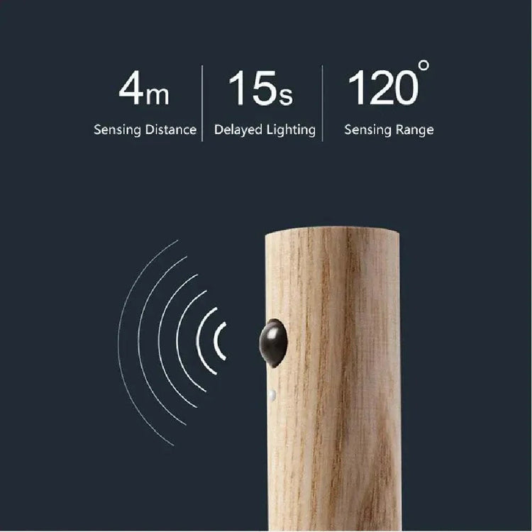 LuminaFlex Wireless Night Light with wood-textured cylindrical body featuring PIR motion sensor, sensing distance 4m, delay 15s, and 120° range