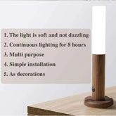 LuminaFlex Wireless Night Light with a warm white cylindrical LED diffuser and a wooden base, featuring soft light and simple installation