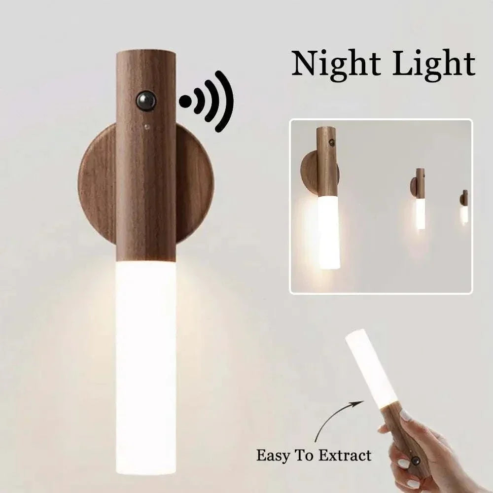 LuminaFlex Wireless Night Light with wooden top and cylindrical white acrylic diffuser, featuring motion sensor and easy extract design