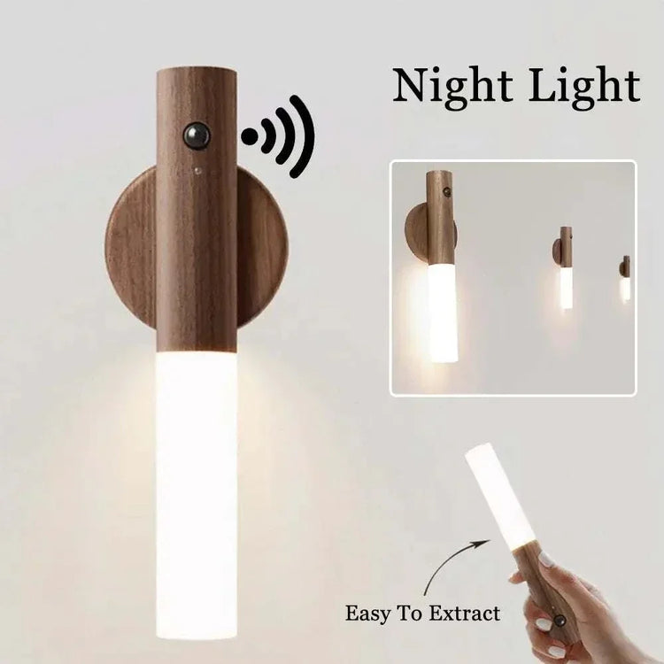 LuminaFlex Wireless Night Light with wooden top and cylindrical white acrylic diffuser, featuring motion sensor and easy extract design