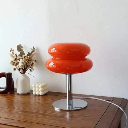 Macaron LED Lamp with glossy red double-disc shade, chrome stem and round metal base
