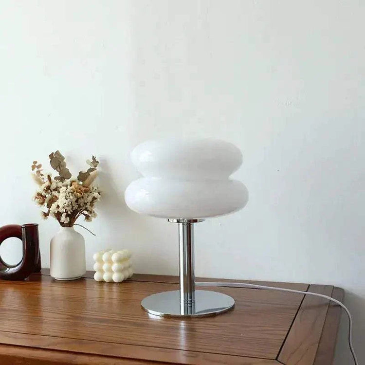 Macaron LED Lamp with a white glass mushroom-shaped shade, chrome stem, and round mirrored base