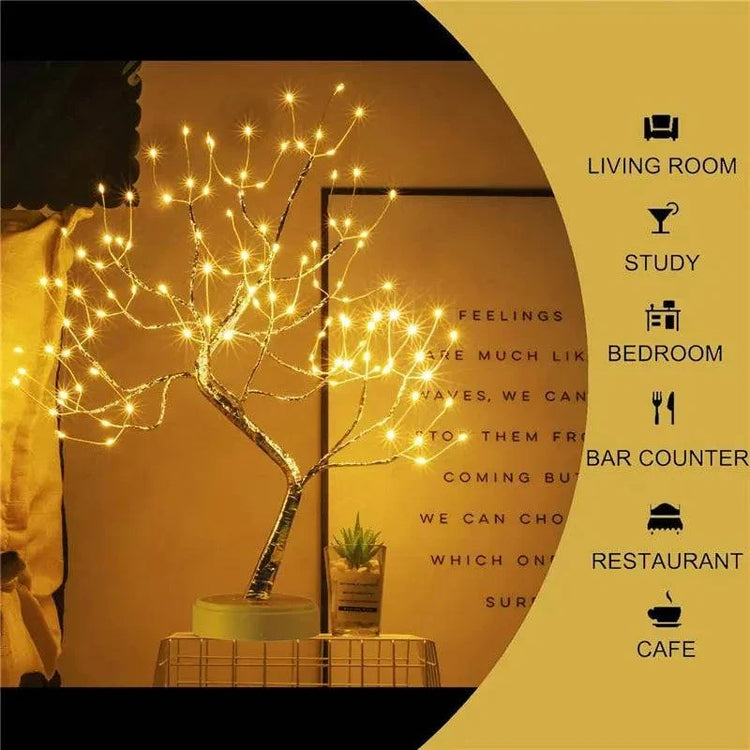 Mini Christmas Tree LED lamp with flexible copper wire branches and warm white LED lights in silver finish