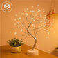 Mini Christmas Tree LED lamp with silver copper wire branches and warm white LED lights on a white round base