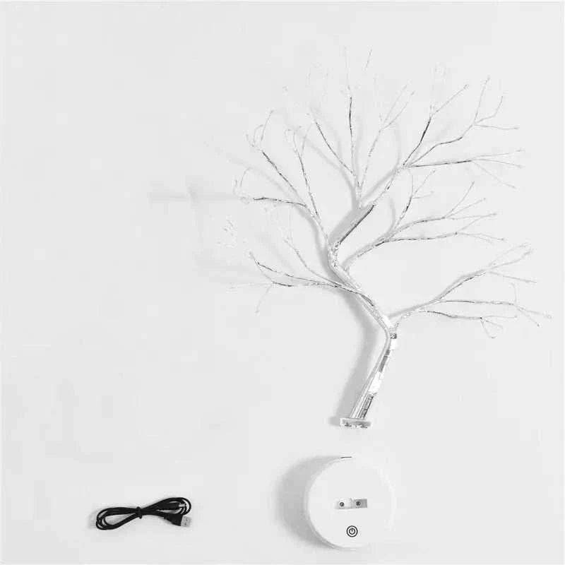 Mini Christmas Tree LED lamp with silver copper wire branches, warm white lights, round white base, and black USB cable
