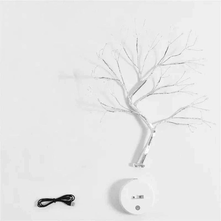 Mini Christmas Tree LED lamp with silver copper wire branches, warm white lights, round white base, and black USB cable