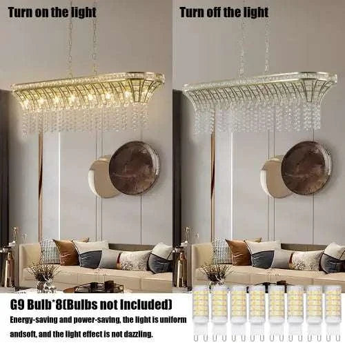 Modern Champagne Gold Kitchen Island Lamp with oval crystal ceiling chandelier design featuring an adjustable chain and elegant golden frame