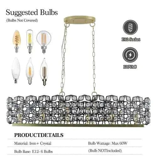 Modern Champagne Gold oval crystal chandelier with iron frame and six E12 socket bulbs, showcasing diamond crystal pattern