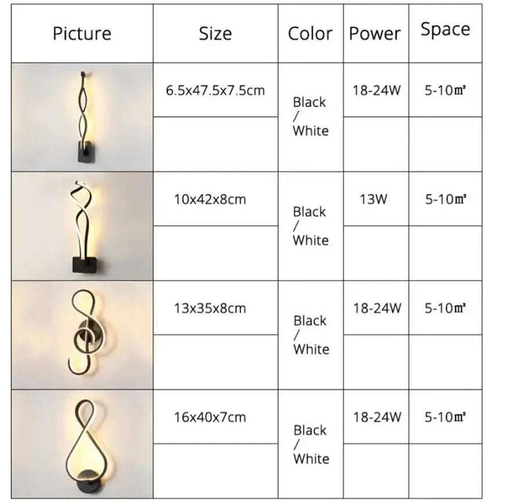 Modern Wall Lamps featuring twisted and abstract aluminum frames in black with integrated LED lighting and acrylic diffusers.
