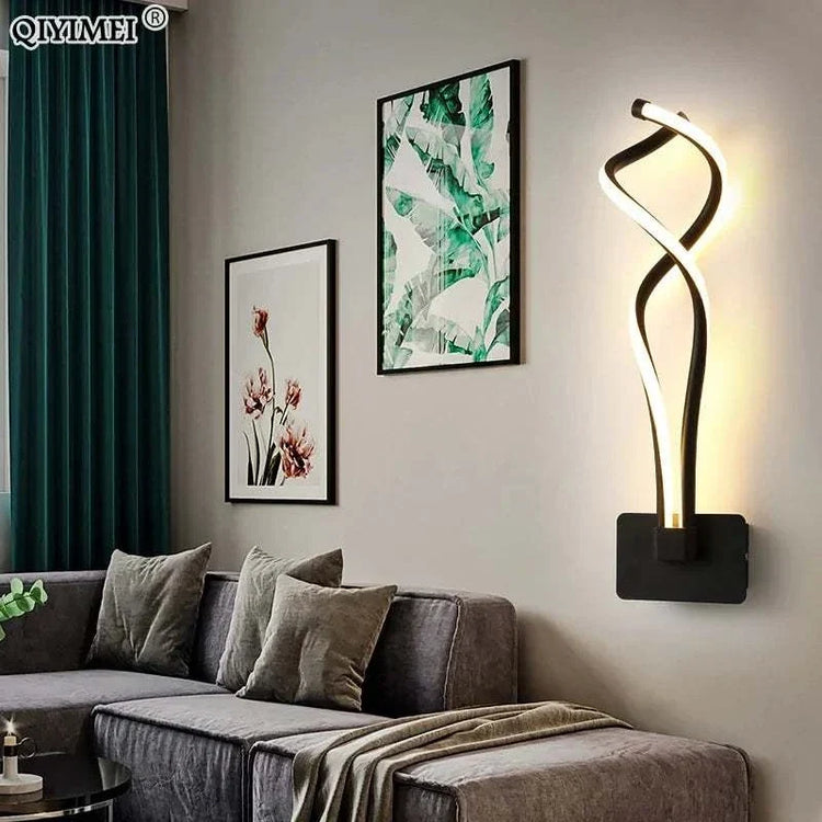 Modern Wall Lamps in black aluminum with curved LED acrylic light tubes, featuring an artistic spiral design and wall-mounted installation.
