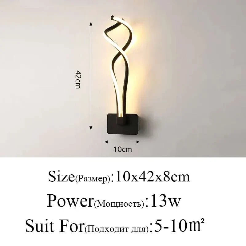 Modern Wall Lamps featuring a black aluminum base and twisting LED acrylic light strips with warm white illumination.
