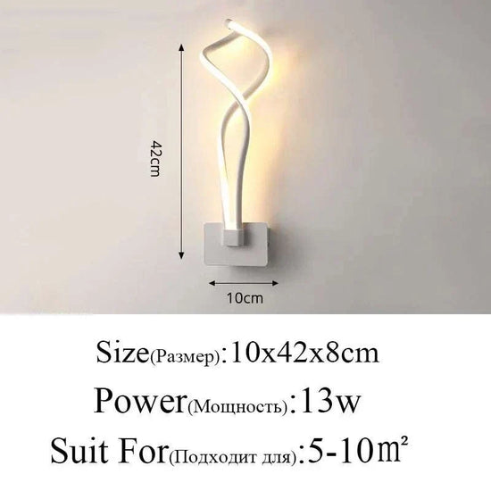 Modern Wall Lamps featuring a sleek white aluminum body with a twisted acrylic LED design, measuring 10x42x8cm.