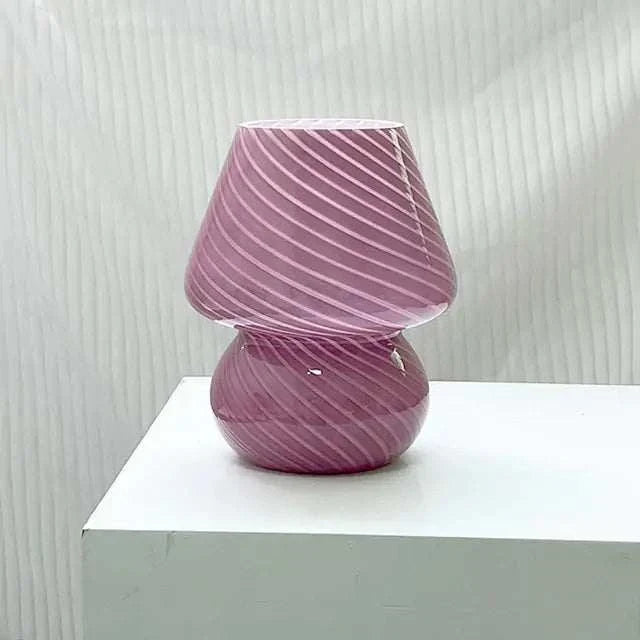 Mushroom LED Lamp in pink hand-blown glass with white spiral stripes, bubble streamline design, and compact shape