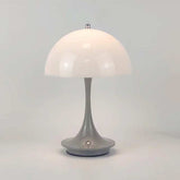 Portable Rechargeable LED Lamp with white dome-shaped acrylic shade and metallic gray base featuring touch controls