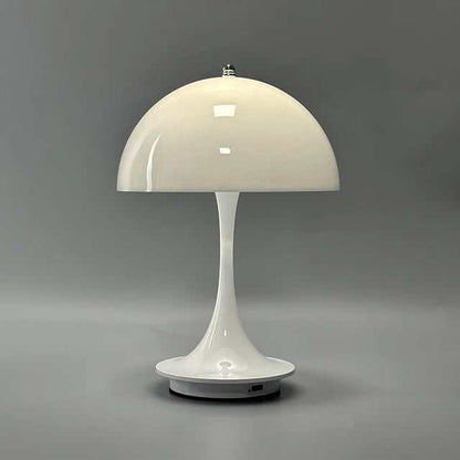 Portable Rechargeable LED Lamp in glossy white with dome-shaped acrylic shade and slim base featuring a charging port