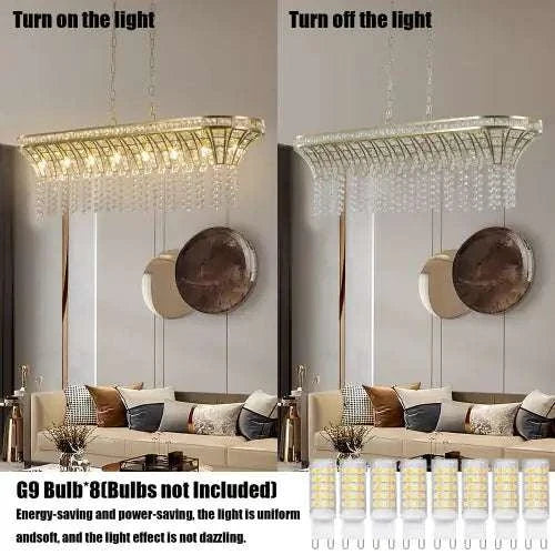 Modern champagne gold kitchen island lamp with oval crystal ceiling chandelier and adjustable height chain