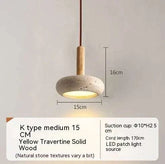 Retro Lux Drop Light pendant lamp with yellow travertine solid wood, 15cm diameter, natural stone texture, modern minimal design
