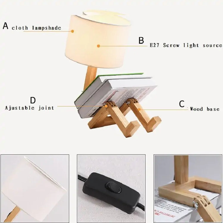 Robot Table Lamp with white cloth lampshade, wooden base shaped like a figure holding a book, and adjustable joint.