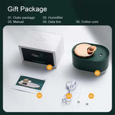 Rotating Planet Aroma Diffuser in dark green with copper top, shown with white USB charging cable, cotton cores, user manual, and white gift box