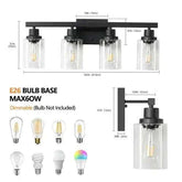 Rustic & Farmhouse lamp with black iron frame and four clear glass cylindrical shades, designed for E26 bulbs up to 60W