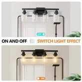 Rustic & Farmhouse lamp with matte black iron frame and four clear glass shades, wall-mounted with toggle light switch