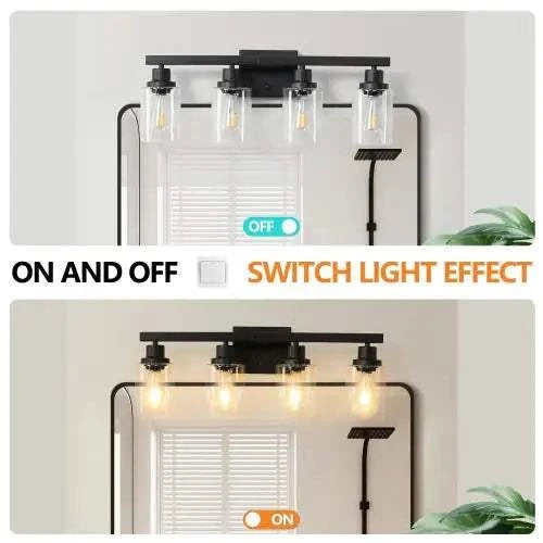 Rustic & Farmhouse lamp with matte black iron frame and four clear glass shades, wall-mounted with toggle light switch
