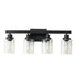Rustic & Farmhouse lamp with four clear glass cylindrical shades and matte black iron frame wall-mounted fixture