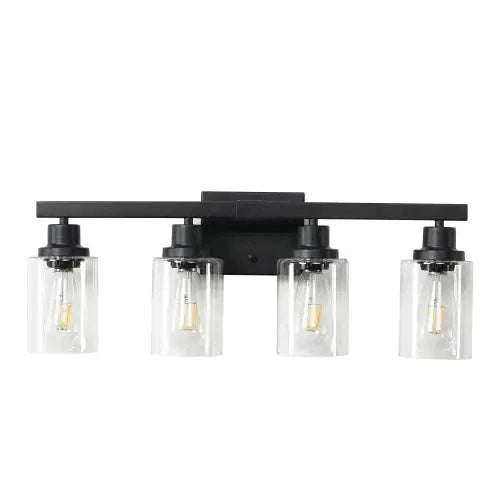 Rustic & Farmhouse lamp with four clear glass cylindrical shades and matte black iron frame wall-mounted fixture