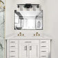 Rustic & Farmhouse lamp with black iron frame and four clear glass shades mounted above a double bathroom vanity mirror