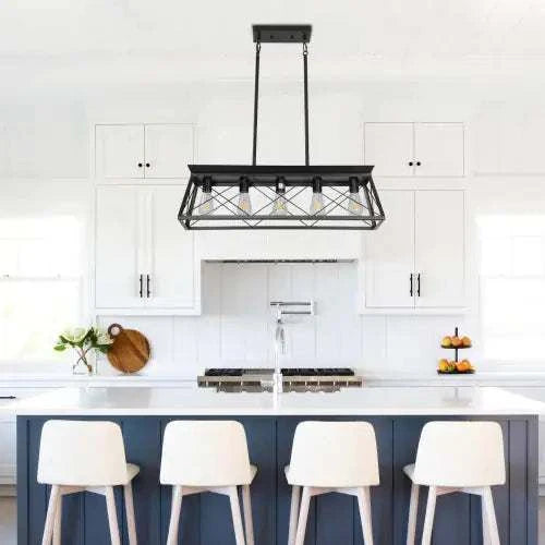 Black iron farmhouse chandelier with five lamps for dining room ceiling