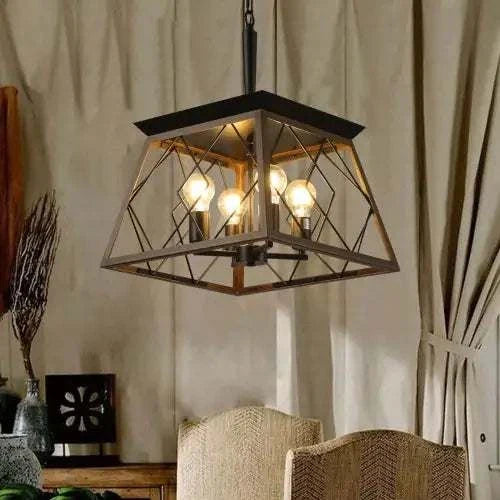 Farmhouse chandelier 4 lights vintage antique iron pendant lamp with walnut and black finish for indoor living room and dining room lighting