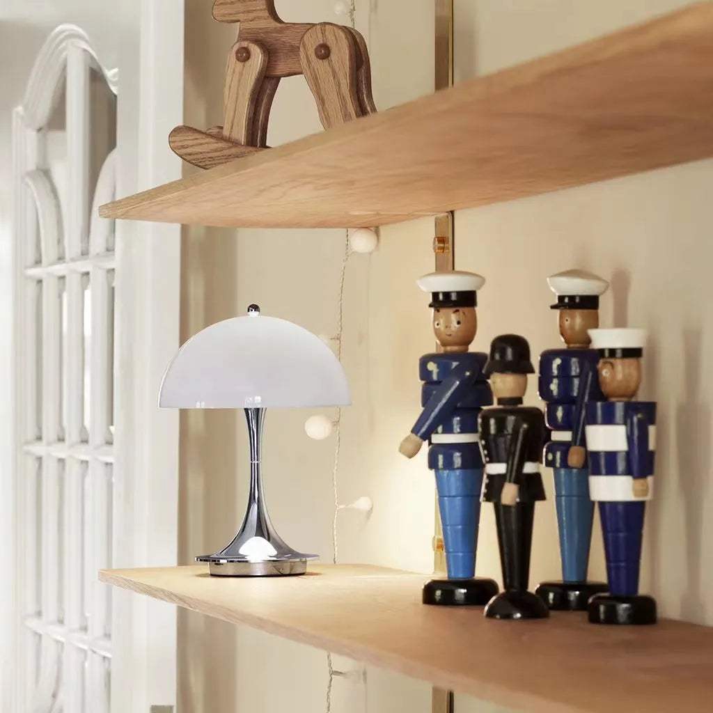 Portable rechargeable LED lamp with dimmable metal shade and USB charging