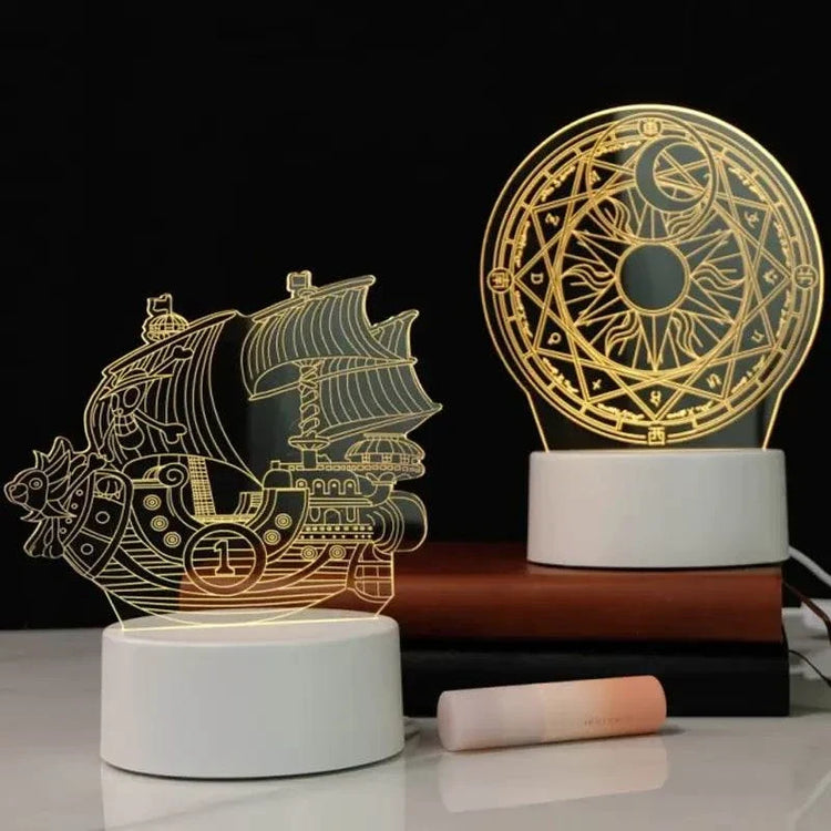 3D LED Lamp featuring intricate boat and circular geometric optical illusion designs with warm yellow light on white bases