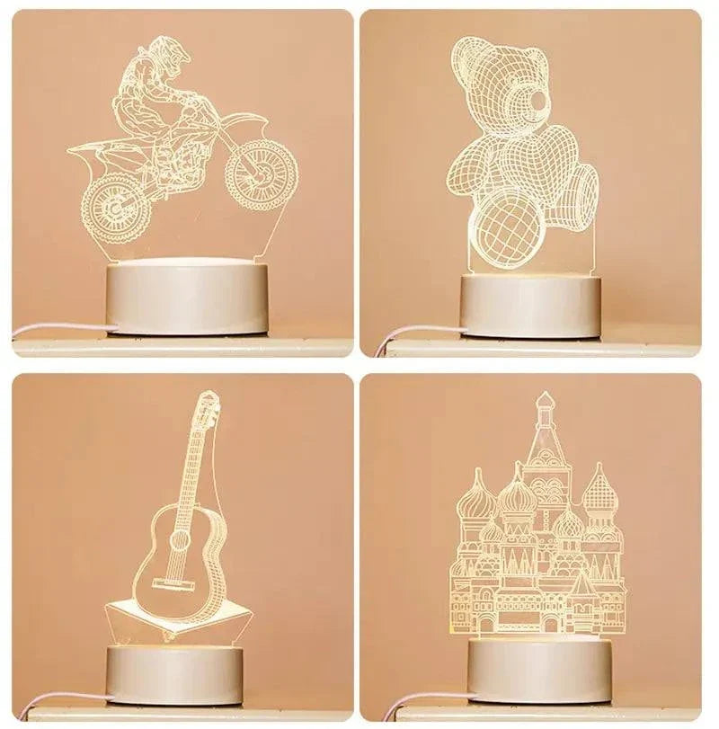 3D LED Lamp set featuring four translucent white optical illusion designs of a motorbike rider, teddy bear, guitar, and castle, each on a round white base