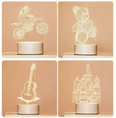 3D LED Lamp set featuring four translucent white optical illusion designs of a motorbike rider, teddy bear, guitar, and castle, each on a round white base