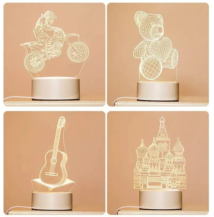 3D LED Lamp set featuring four translucent white optical illusion designs of a motorbike rider, teddy bear, guitar, and castle, each on a round white base