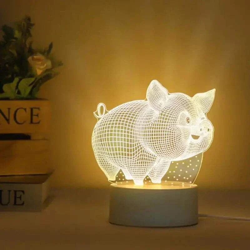 3D LED Lamp shaped like a pig with wireframe design, emitting soft white light with a warm glow