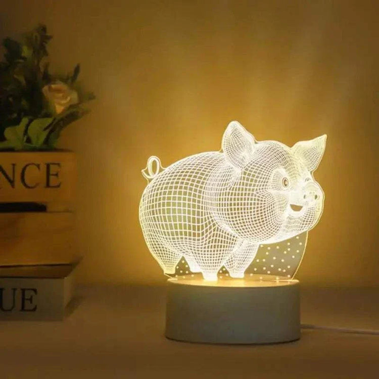 3D LED Lamp shaped like a pig with wireframe design, emitting soft white light with a warm glow