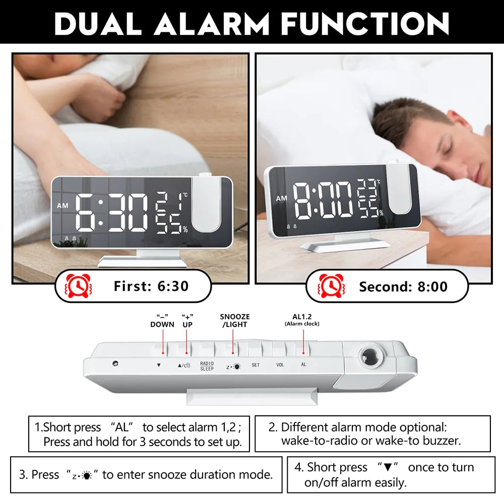 LED Digital Projection Clock with sleek black and white design, large clear digital display, and dual alarm function buttons on top panel.