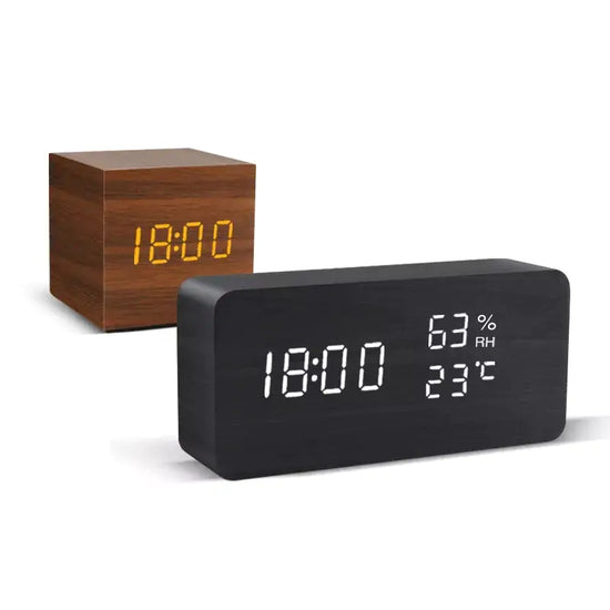 Alarm LED Watch digital wooden clock with black LED display, showing time, humidity and temperature readings