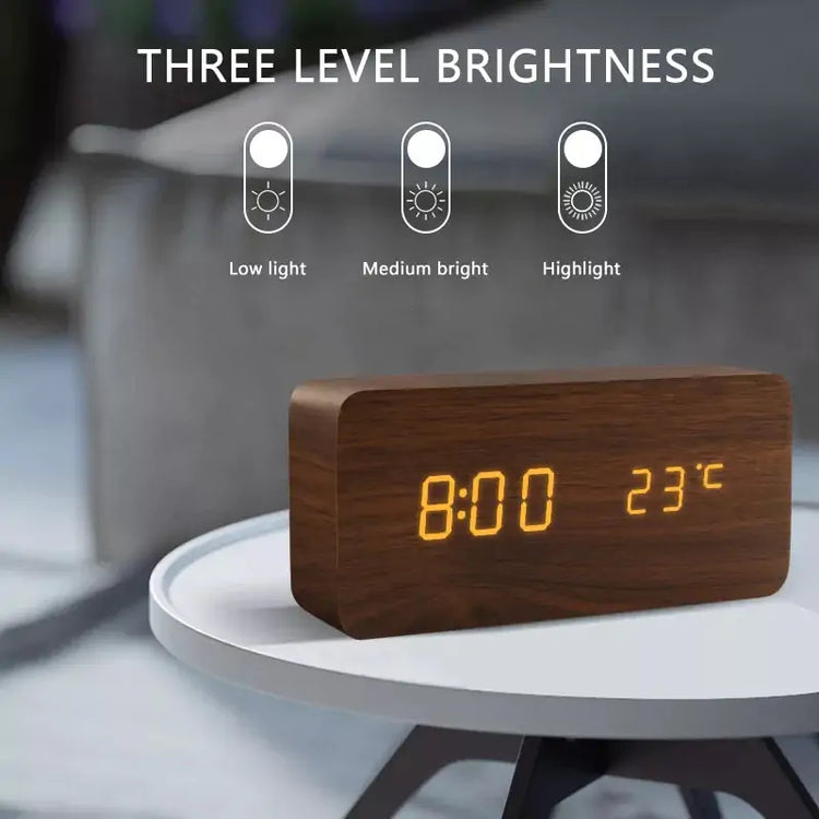Alarm LED Watch, rectangular dark wood desktop clock with bright orange LED time and temperature display