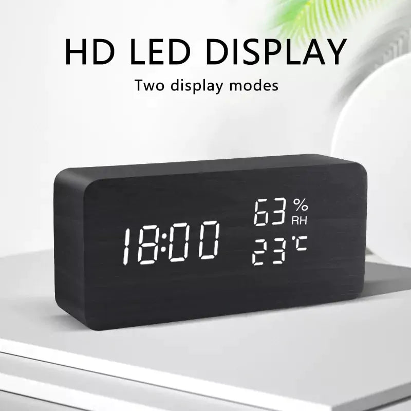 Alarm LED Watch, black rectangular wooden clock with bright white LED time, humidity and temperature display